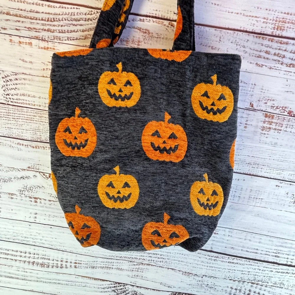 Tote Bag Black Orange Chenille Pumpkin Halloween Kitsch Spooky Jack O Lantern
